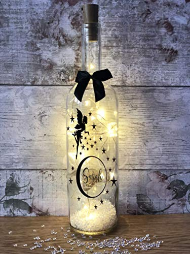 Personalised Fairy Tinkerbell Gift Light up Glass Wine Bottle Complete with Lights