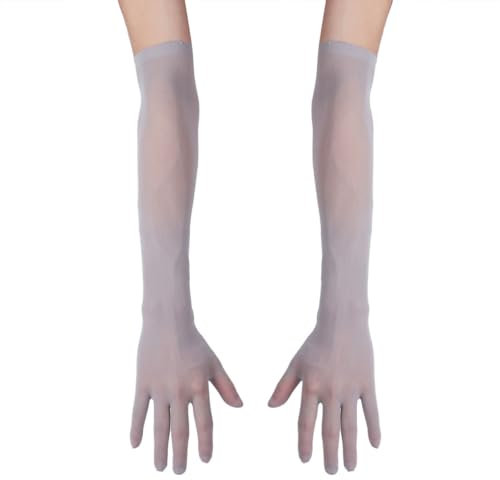 FEESHOW Damen/Herren Nahtlose Handschuhe Stulpenärmel Elastisch Strumpfhosen Nylon Durchsichtig Ellenbogen Lang für Hochzeit Abend Grau Einheitsgröße