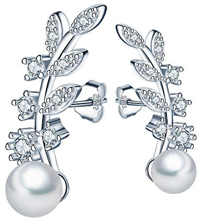 MICGIGI Orecchini da donna eleganti a forma di foglia, in argento Sterling 925 con zirconi, perla da 5 mm (argento)