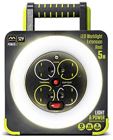 Masterplug WLU05134SL-PX Pro-XT Four Socket LED Work Light Extension Reel with Fold Out Stand, Thermal Cut Out and Power Switch, 5 metre High Visibility Cable, 13 Amp, Grey, 28.35 cm*9.1 cm*22.0 cm