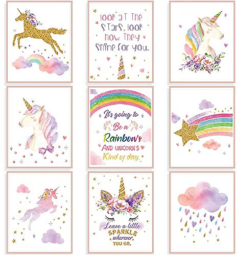 Outus 9 Stück Einhorn Poster Einhorn Zimmer Mädchen Rahmen Einhorn Poster Pferd Poster Teenager Kinder 10 Jahre JUNIQUE Drucke Wandkunst Regenbogen Einhorn Poster Aquarell für Dekorationen