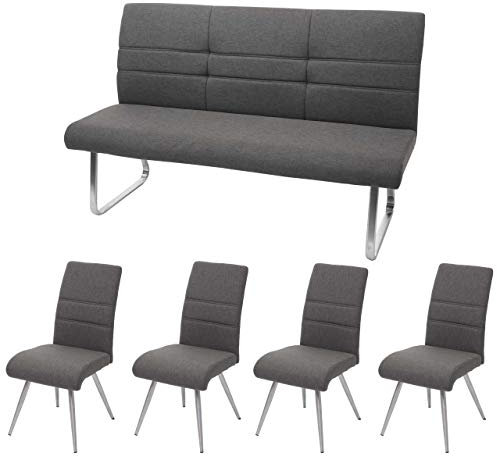 Mendler Set 4X Esszimmerstuhl+Sitzbank HWC-G55, Bank Küchenstuhl Stuhl, Stoff/Textil Edelstahl - grau-braun Bank 180cm