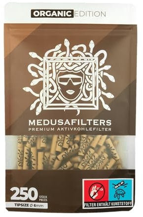 Medusafilters® 250 Stück 6mm Ø Slim Premium Aktivkohlefilter mit veganen Fasercaps & Kokos Aktivkohle | Filter mit 25mm Länge made in Germany (ORGANIC EDITION)