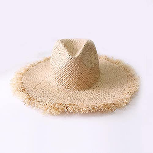 UKKD Chapeau de Paille Summer Simple Couleur Solide Handmade Handmade Raffia Chapeaux Sun Chapeaux pour Femmes Lacets Grand Chapeau De Paille Au D'Extérieur Bouchon D'Été De La Plage-1,56-58Cm