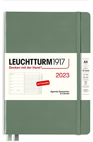LEUCHTTURM1917 365849 Weekly Planner & Notebook Medium (A5) 2023, with booklet, Olive, French