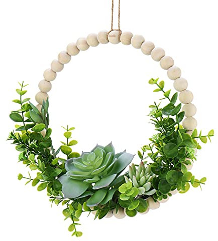 Künstliche Sukkulenten Blumenkranz Holzperlen Girlande Bauernhaus Pflanzen Deko für Outdoor, Party, Garten, Wand (Grün)