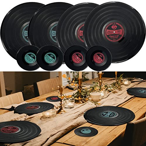 MEDOYOH 4er-Set Vinyl Schallplatte Platzsets mit Untersetzer Set, Rund Platzdeckchen Vinyl Tischsets Platzsets Schwarz Abwaschbar Hitzebeständig Anti-Rutsch für Küche Restaurant Home