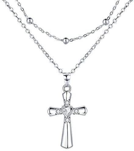 Lydreewam Kreuz Kette für Damen 925 Sterling Silber Kruzifix Doppel Layered Halskette mit 3A Zirkonia & Geschenkbox, Halskette für Weihnachten Christliche Kommunion, verstellbar 40+5cm