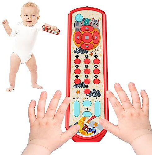 Baby Remote Control Toy - 3 languages Spanish & French & English Learning Toys, Musical, and Safe Simulation TV Remote for 6-12 Months Old Boys and Girls (red)