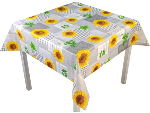 Karina Home Grey and Yellow Sunflower Wipe Clean Tablecloth Vinyl PVC Table Cover Wipeable Table Cloth (Grey, 120cm x 120cm)