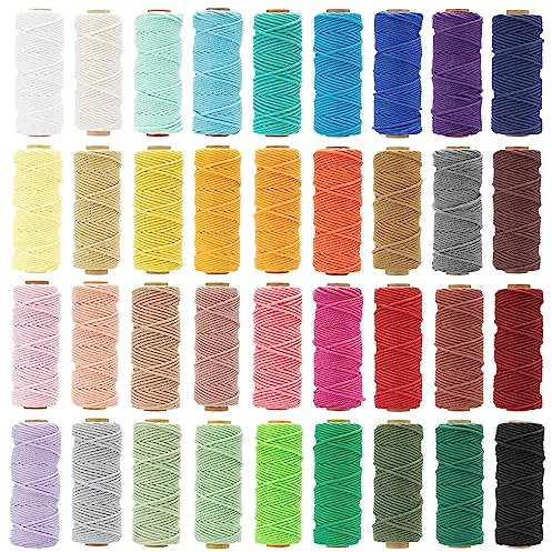 36 Colors Macrame Cord 3mm x 1188 Yards Natural Colored Macrame Supplies 4 Strand Twisted Macrame Kit Cotton Cord Rope Macrame Yarn Twine String for Crafts Wall Hanging Plant Hanger DIY Knitting