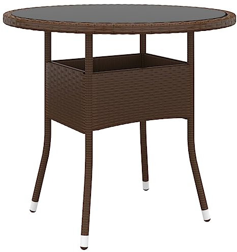 vidaXL Mesa de jardín redonda con superficie de cristal templado, polirratán, marco de acero con recubrimiento en polvo, 80 x 75 cm, color marrón