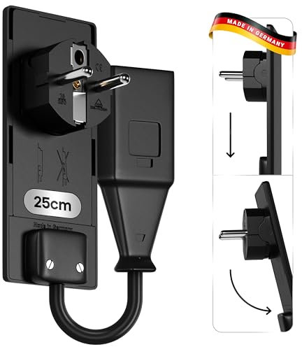 Evoline Flachstecker Verlängerung auf Eurostecker | Schwarz | Made in Germany | Möbel bündig an die Wand Stellen | Verlängerungskabel 25cm |