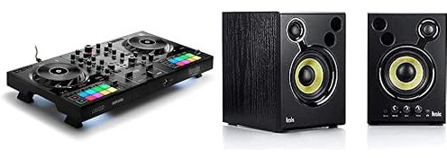 Hercules DJControl Inpulse 500 – Contrôleur DJ USB 2 voies pour Serato DJ Lite et DJUCED & DJMonitor 42-2 enceintes de monitoring actives de 20 watts RMS