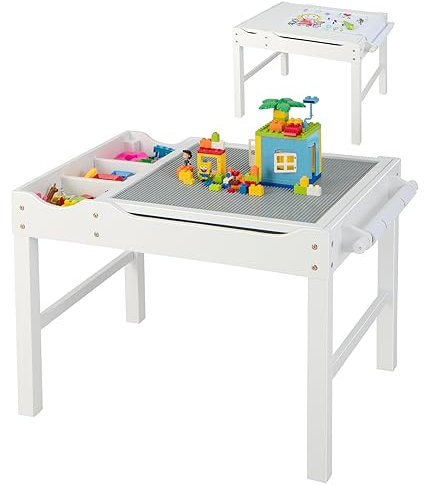 DREAMADE Kindertisch, multifunktionaler Aktivitätstisch aus Kiefernholz für Kinder, Spieltisch mit Stauraum, Papierrolle & umkehrbarer Tischplatte, Bausteintisch zum Basteln, Lesen, Spielen (Weiß)