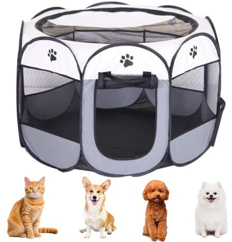 Faltbarer Laufstall für Haustiere, Welpenlaufstall Tierlaufstall Faltbar Welpenauslauf Oxford Wasserdichter Zelt Tierlaufstall für Hunde Hasen Meerschweinchen Katzen 73x73x43cm, (Grau)