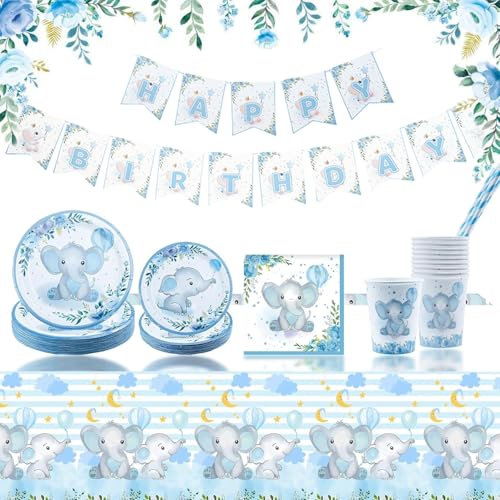 Lunriwis Elefant Babyparty Dekorationen Party Geschirr Set, Baby Shower Geschlecht Enthüllung Teller Set Dekorationen, Baby Elefant Junge Baby Shower Teller Becher Servietten Strohhalme Banner für 20