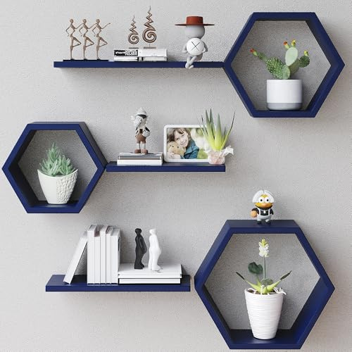 LUDORU Sechseckige, schwebende Holzregale zur Wandmontage, Set mit 6 sechseckigen Kiefernregalen für Fotos, Pflanzen, rustikale Wabenregale für Wohnzimmer, Schlafzimmer, Badezimmer, Küche, Büro,