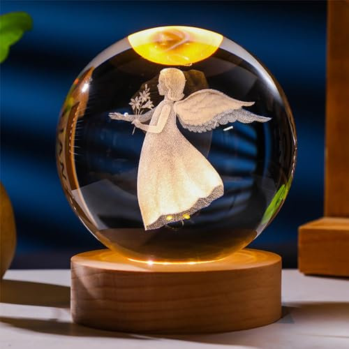 SHCHME 3D Crystal Ball, 60mm Laser Angel Crystal Ball and Wooden Base USB-Power LED Night Light Gifts for Friends, Boys, Girls - Glass Ornaments for Home