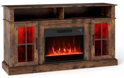 GiantexUK Electric Fireplace Insert TV Stand, Living Room Wooden Console Entertainment Center with Electric Fire, Overheat Protection & Remote Control, 1800-2000W (Brown, 24” Fireplace, for 65” TV)