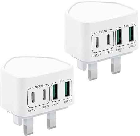 2-Pack 40W USB C Fast Charger, 4-Port Multi Charger UK Charging Plug Dual Type C PD Power Adapter + Micro USB Plug for iPhone 16 15 14 13 12 11 Pro Max XR XS, iPad, Samsung