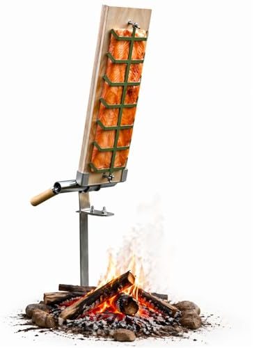 Premium Flammlachsbrett für Lagerfeuer mit Erdspieß, Flameboard & Erdspieß halten fest an jeder Feuerstelle, stufenlose Neigungsanpassung außerhalb der Hitzezone, drehbar zum Garen aller Seiten.