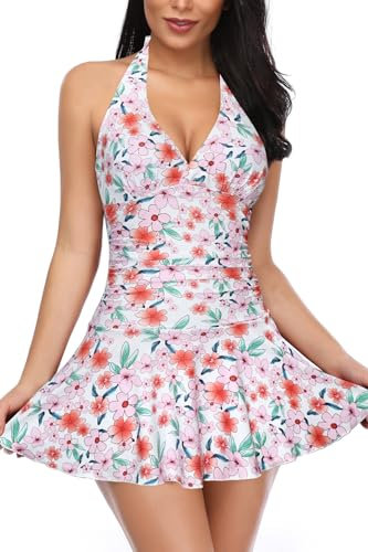 SHEKINI Tankini une pièce pour femme - Col en V - Dos nu - Bikini ventre plat - Froncé - Noir - Grande taille - Avec short, Fleur rose., M