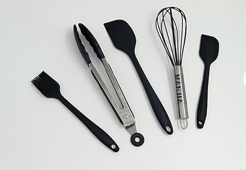 Generic Black, 5 Piece Set, Silicone, Kitchen Cooking Baking Utensil, Whisk Egg Beater, Tongs, Large Scraper Spatula, Small Scraper Spatula, Pastry Oil Brush, Temperature Resistance, Durable, BFJM092