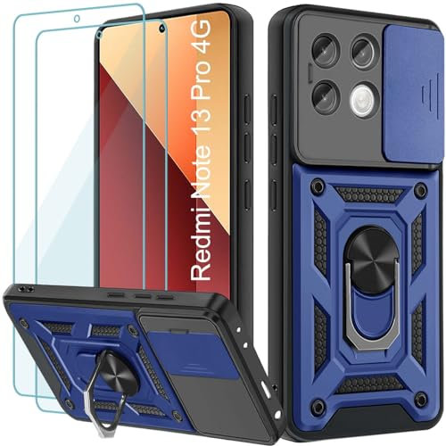 Yohii Funda para Xiaomi Redmi Note 13 Pro 4G/Poco M6 Pro 4G, con 2 Piezas Vidrio Templado, Cubierta De Cámara Deslizante, 360 Anillo Soporte PC y Silicona TPU Bumper Antigolpes Case, Azul