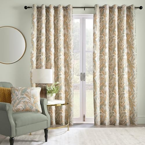 Laurence Llewelyn-Bowen - Ochre/White Tropical Palm Tree Curtains W66 x L90 (168 x 229cm) - Jacquard Curtains w/Floral Leaf/Fern - Luxury Drapes for Living Room/Bedroom- Paradise Palm Collection