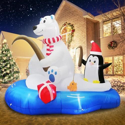 PARAYOYO 180 cm großer aufblasbarer Weihnachtsbär, der mit Pinguin angelt, aufblasbarer Weihnachtseisbär und Pinguin mit 7 integrierten Hellen LED-Lichtern für Weihnachtsdekorationen im Garten