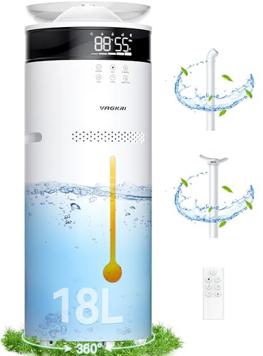 VAGKRI Luftbefeuchter für große Räume, 18L Ultraschall Cool Mist Luftbefeuchter für Zuhause 1200 m², 5 Nebelstufen, Auto-Modus, Ganzhaus-Luftbefeuchter mit 2 verlängerten Röhren, leise Luftbefeuchter