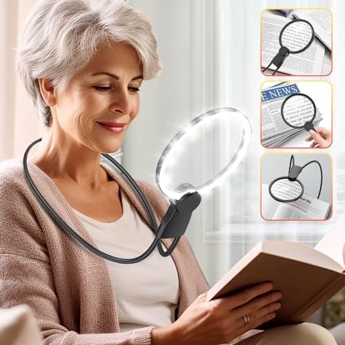 IMICHI Lupa con luz, lupa de 5,1 pulgadas 5X para leer con soporte, lupa de lectura con luz para personas mayores, gafas de lupa con luz perfecta para leer libros, coser y punto de cruz