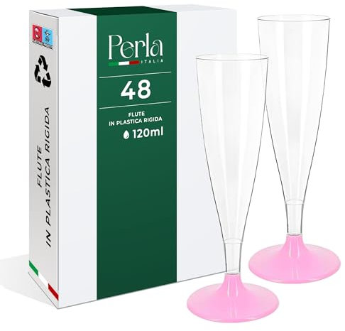 Perla - 48 Flute Plastica - Calici Plastica Rigida 120ml - Bicchieri da Champagne Trasparenti - Calice Lavabile e Riutilizzabile per Feste Matrimoni e Compleanni (Gambo Rosa)