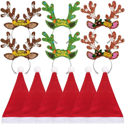 6pcs Bandeaux Cheveux Corne de Cerf et 6pcs Chapeau de Noël - Serre Tête Renne en Papier, Bonnet en Tissu Non Tissé, Headband Accessoires de Coiffure pour Fête Noël Nouvel An - Cadeau de Vacances