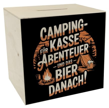 Camping-Kasse Abenteuer Spardose aus Holz Perfekt für Ihr Abenteuer in bergiger Landschaft mit Spardose aus Holz für Bier und Kühlbox