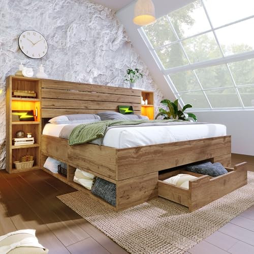 Dolamaní Doppelbett 180×200 cm Bettgestell Lattenrost aus Holz, Bett mit Schubladen, Stauraum-Kopfteil, Stauraumbett aus Eiche (Eiche)