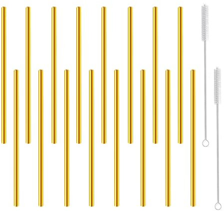 morneve Lot de 16 petites pailles à cocktail courtes réutilisables en acier inoxydable de 15,2 cm pour cocktails, accessoires de fête, lunettes, bocaux, café, jus, thé, mojito avec brosse, doré