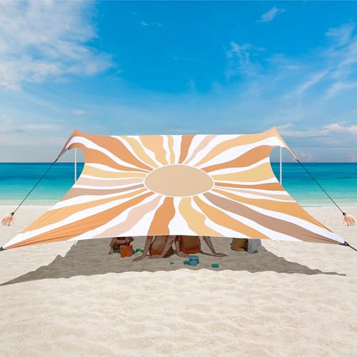 Strandmuschel, Strandzelt Sonnenschutz UV 50+, Windschutz Strandzelt, 3×3 m Tragbar Pop-Up Sonnensegel Strand mit Sandankern & Heringen für Camping, Angeln, Picknick im Garten Strand - Sonnenblumen
