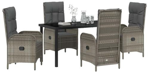 vidaXL Garten Essgruppe mit Kissen 5 pcs Grau Poly Rattan, Garten und Terrasse, moderner ergonomischer Sitzset, stylische Gewebeoptik, verstellbare Rückenlehnen, haltbare Möbel