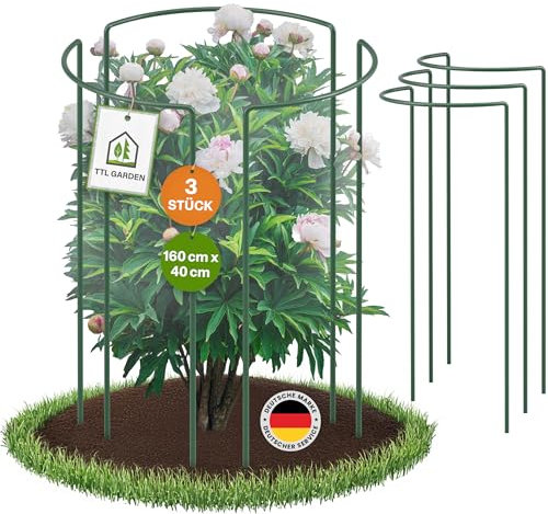 TTL GARDEN Strauchstützen 160cm x 40cm 3er Set - Pflanzenstütze Stahl rostfrei Kunststoff beschichtet - Pflanzenhalter Staudenhalter Blumenhalter - Hortensie Rose Pfingstrose Ø 5,5mm grün