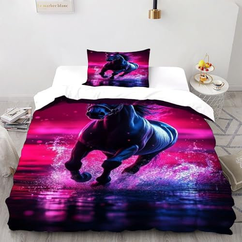 HMELTDIM Black Mustang Bettwäsche 3 Teilig Bettbezüge Neon Mustang Kissenbezug Betten Set Mit Reißverschluss Für Jungen Und Mädchen,Kinder Single（135x200cm）