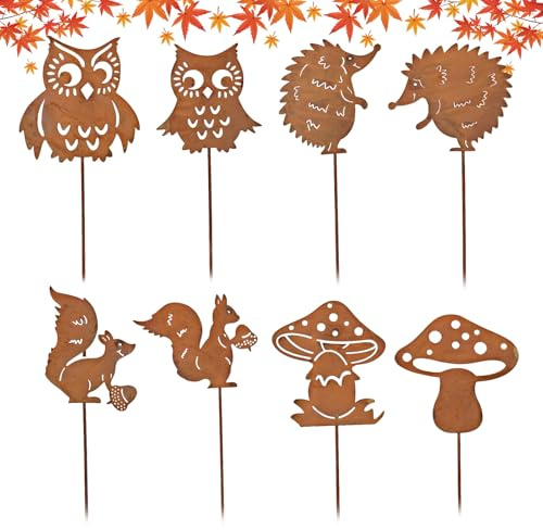 Lets Joy Gartenstecker Rost Herbstdeko, 8er Erntedankfest Gartenstecker, Gartenstecker für Herbstdeko, Rost Gartenstecker für Gartendeko, Herbst Igel Eule Squirrel Terrasse Bonsai Blumentopf