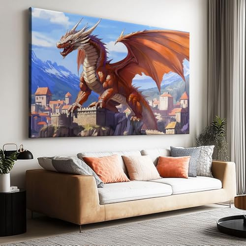 Wandbilder Leinwand 90 x 60 cm Groß Wanddeko Schlafzimmer Kunstdruck - Aesthetic Leinwandbilder Wohnzimmer Gemälde Foto Geschenk Living Room Decoration Fantasy Drache Alte Burg