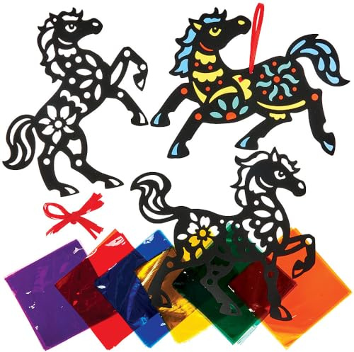 Baker Ross FN655 Year of the Horse Stained Glass Decoration Kits – Pack of 6, Chinese New Year Colourful Stained Glass Decorations