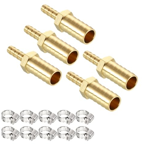 Kozelo 5pcs Brass Hose Barb Fittings 15mm Hose Barb to 7mm Fittings | with 10pcs Stainless Steel Hose Clamps for Home Machines, Massage Bathtubs, and Irrigation Systems
