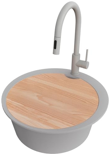 PRIMAGRAN Granitspüle ab 50er Unterschrank + Küchenarmatur, 53x53cm | Set: Küchenarmatur BW9010 + Ablauf-Set + Schneidebrett + Spülbecken Rund 1 Becken - Piza, Alles Grau