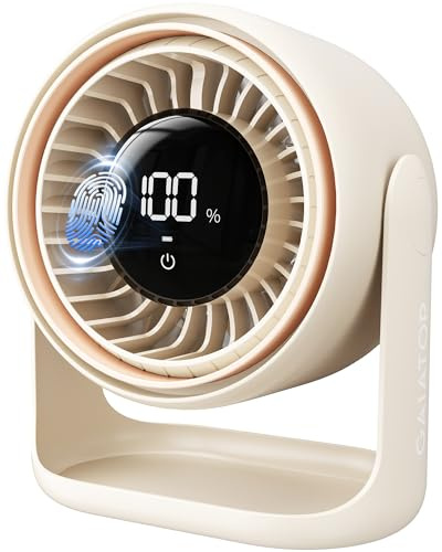 Gaiatop Desk Fan with Touch Control, 4000mAh Battery, 5 Speeds Ultra Quiet Bedroom Fan with LED Display, 90° Tilt, 7.7 Inch USB-C Rechargeable Desktop Fan for Dorm Office Room Home Office, Beige
