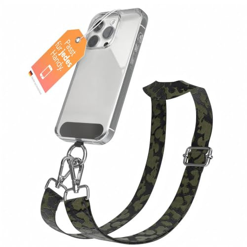 EAZY CASE - Handykette Universal zum Umhängen kompatibel mit jedem Handy Kette mit Hülle kombinierbar Handykordel Karabiner für Handyhülle Handyband zum Umhängen Camouflage - Dunkelgrün Metall Silber