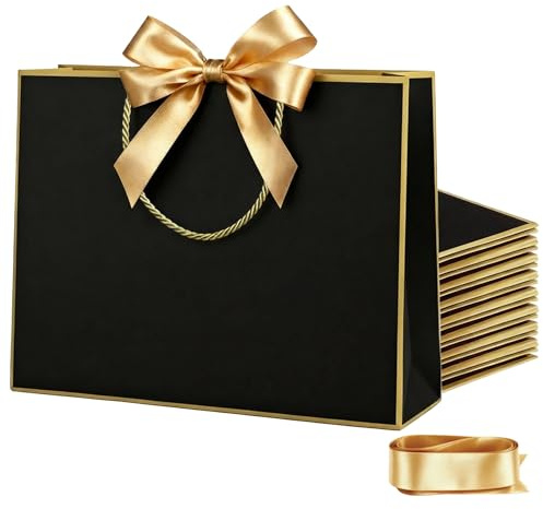 JOYIT 6 Stück Schwarz Geschenktüten Extra Groß (43x32x14 cm) – Papiertragetaschen mit Goldrand & Satinband, für Geschenkverpackung Kleidung, Hochzeit, Geburtstag & Weihnachten